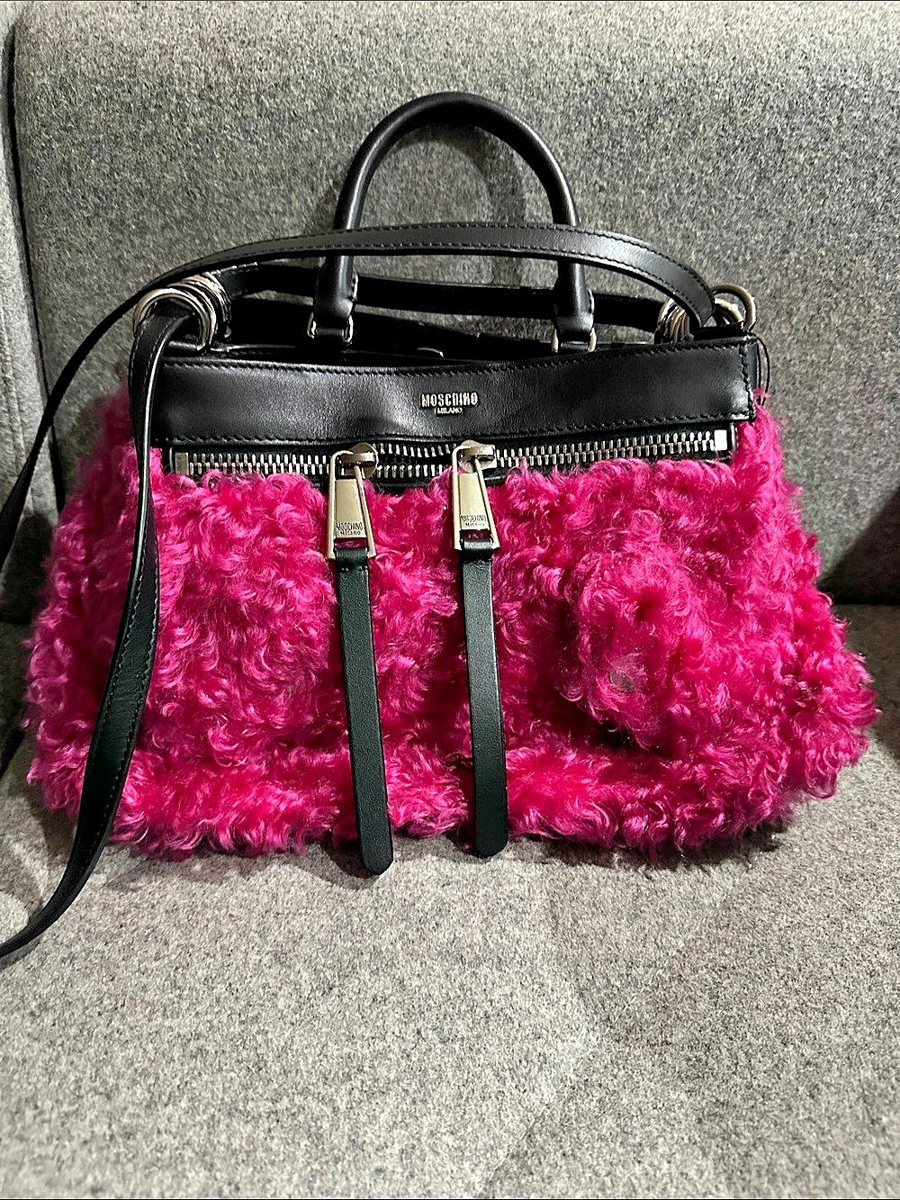 Moschino Tie Me Hand Bag Pink & Black Faux Fur Shoulder Bag